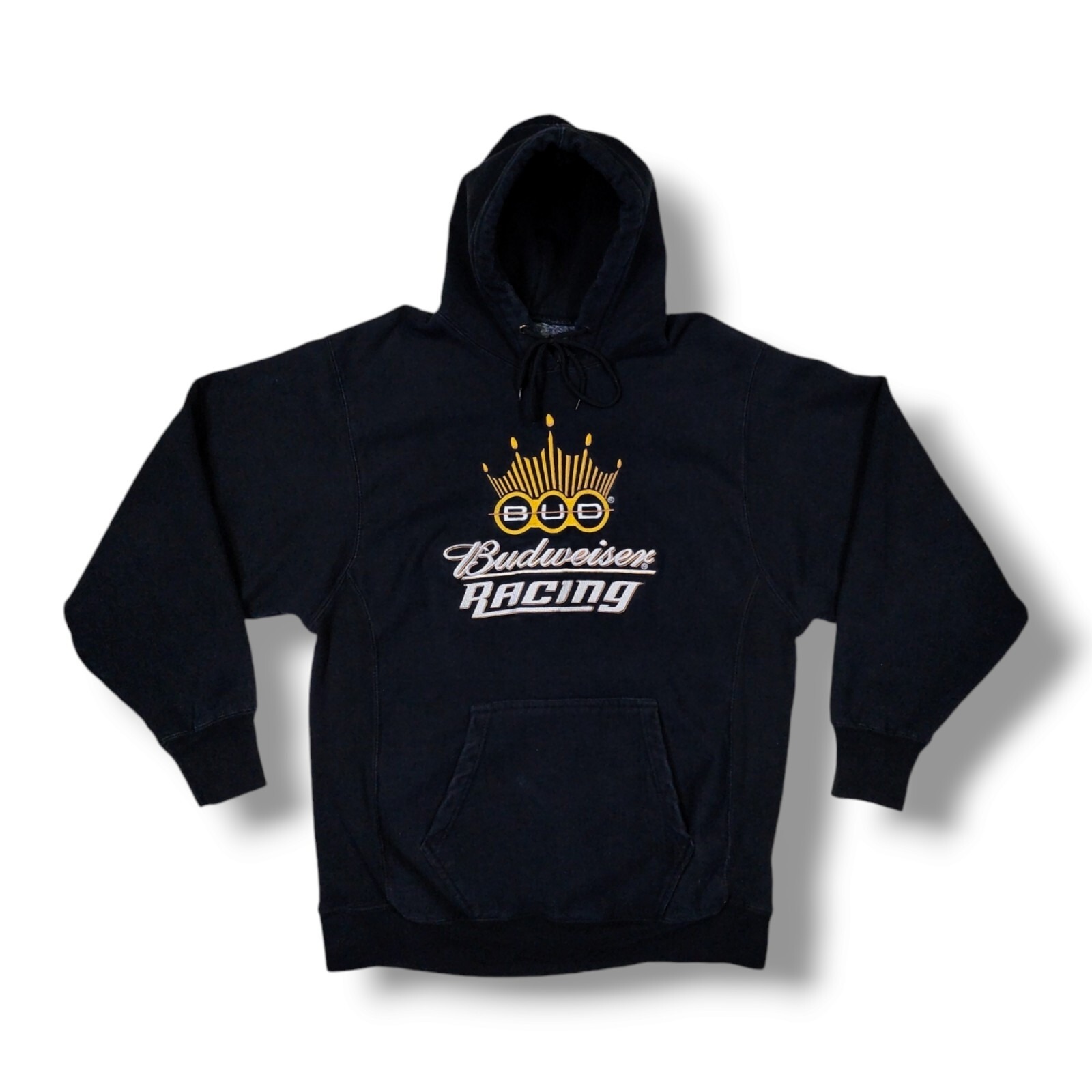 Bud Budweiser Racing Embroidered Heavy Hoodie Black Size Medium